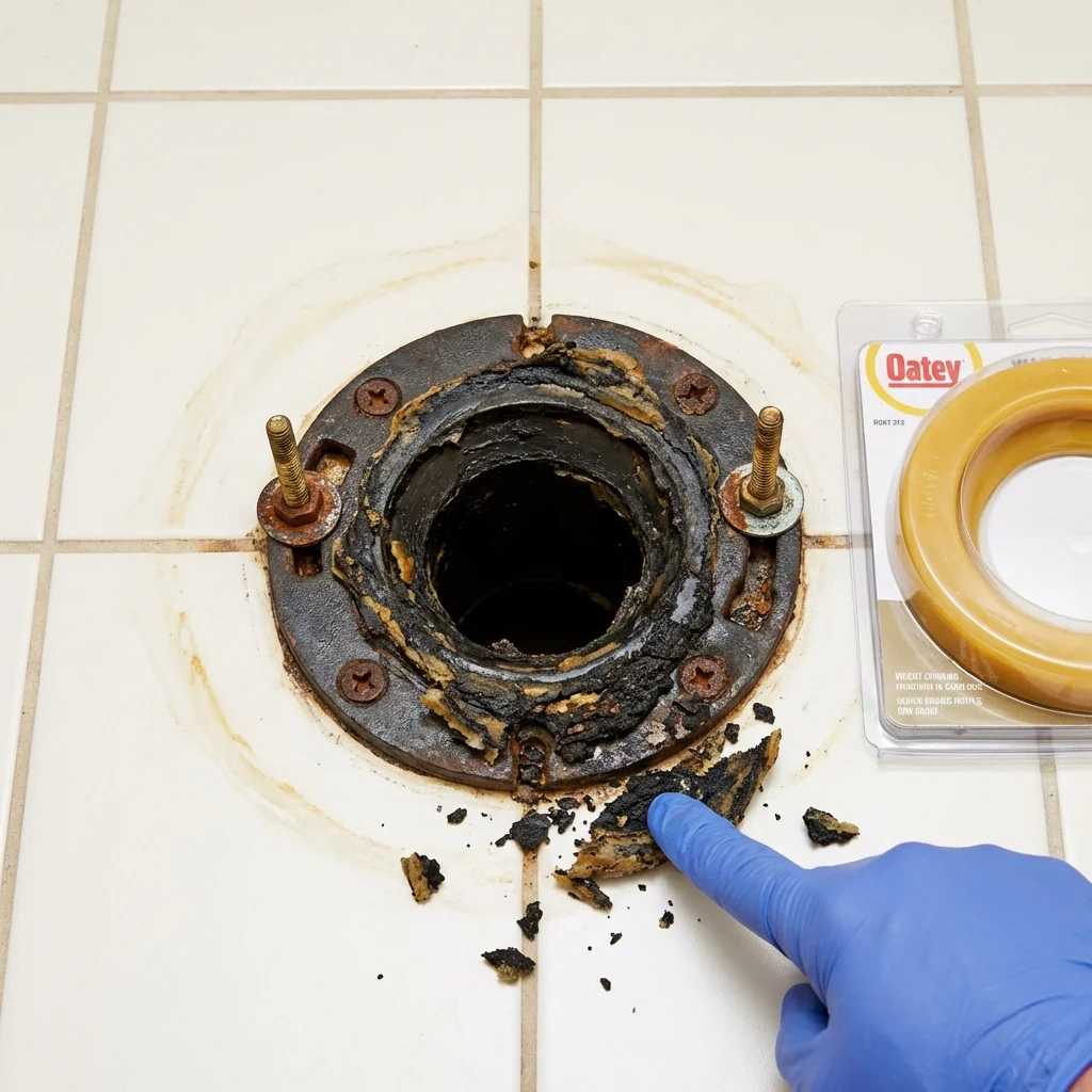 Failed wax ring showing water seepage at the base of a toilet in a Charleston, AR home