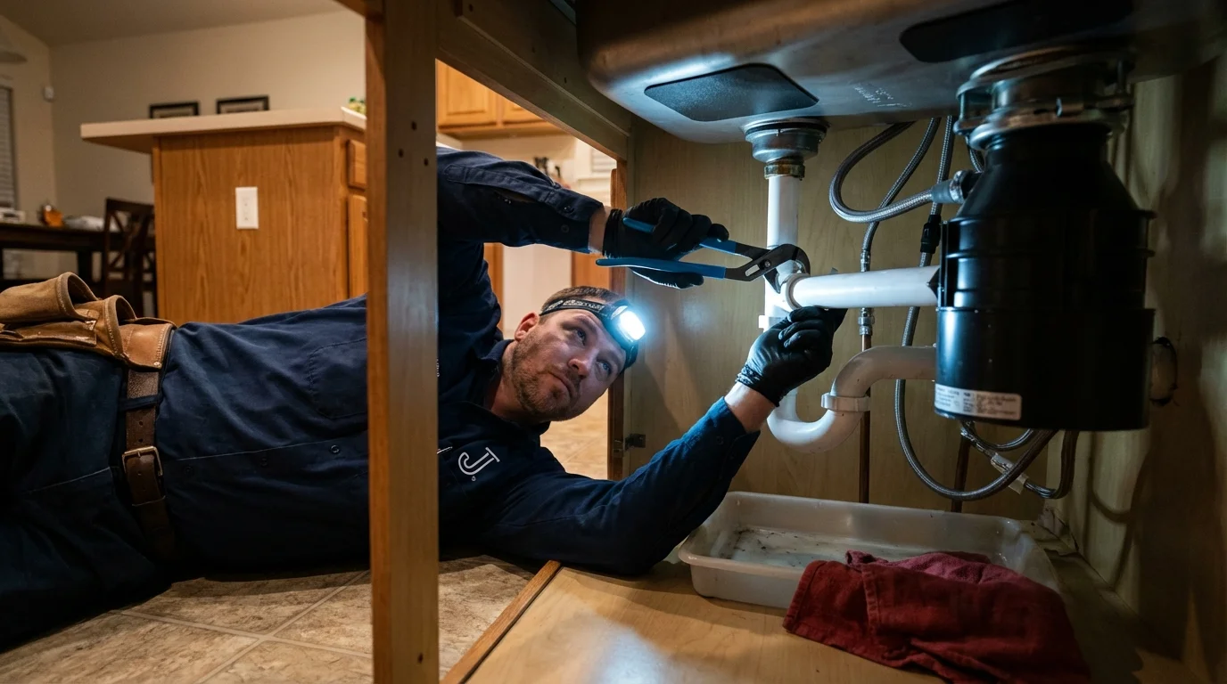 P-trap and supply line connections under a kitchen sink showing a common leak point in Charleston, AR